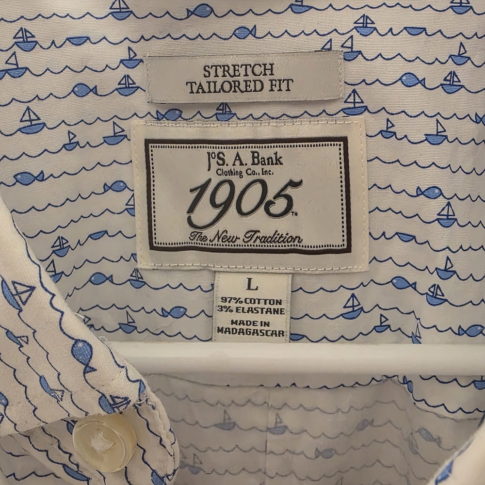 Jos A Bank 1905 Nautical Print Shirt Large Blue Sailboat Button Down Coastal